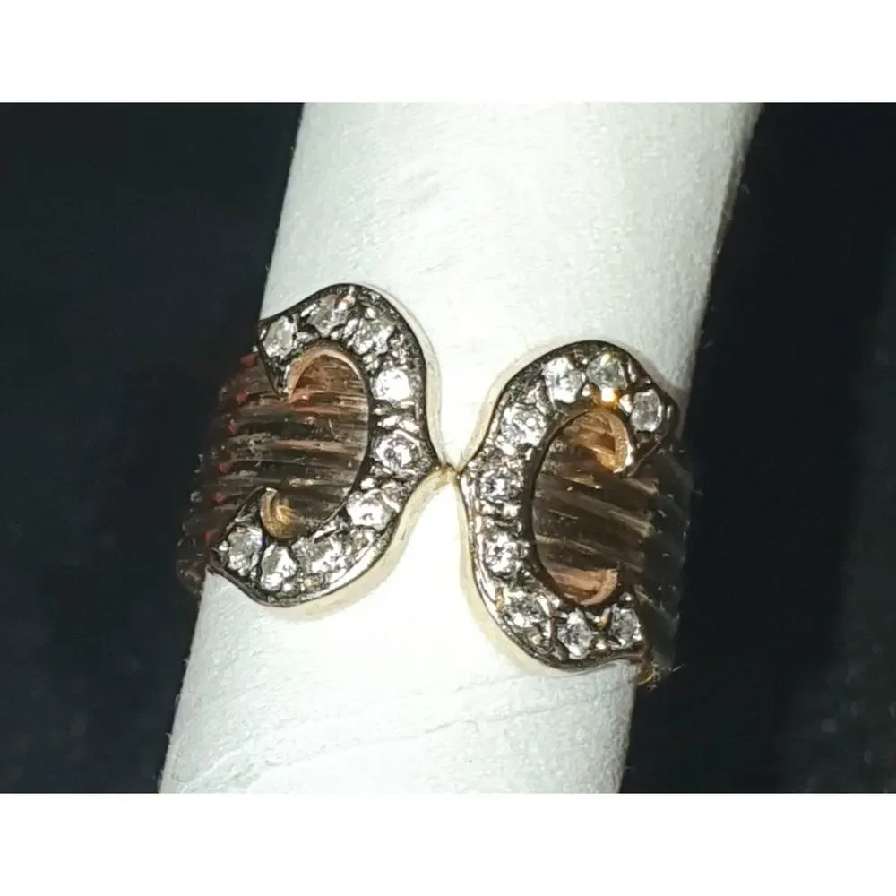 14K Tri-Color Gold Open Cuff Ring Pave Sparkling Stones Statement Bold Design